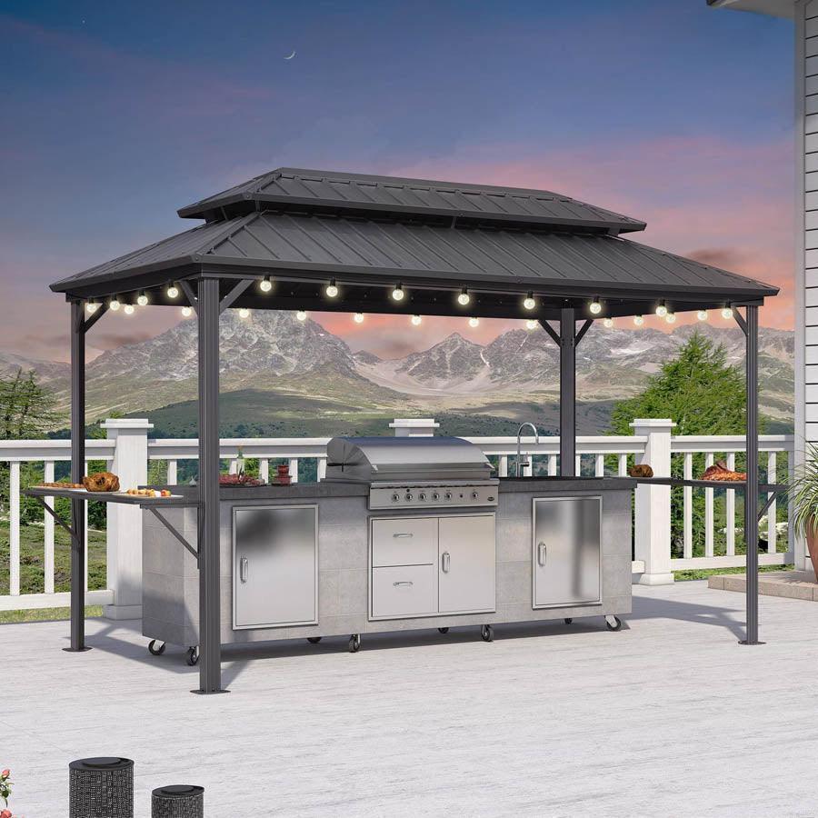 PURPLE LEAF – Pavillon à toit rigide pour barbecue, toit métallique permanent gris, auvent d’ombrage et guirlande lumineuse