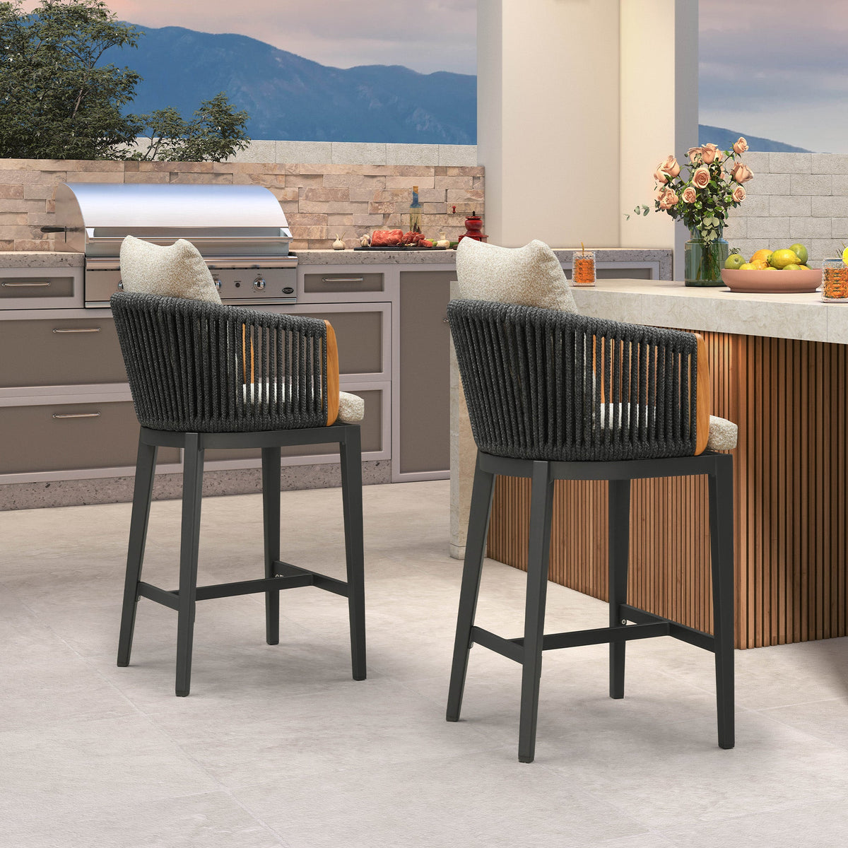 PURPLE LEAF Hailar – Tabouret de bar extérieur moderne en rotin avec dossier et coussin pour balcon, intérieur, extérieur ou îlot de cuisine