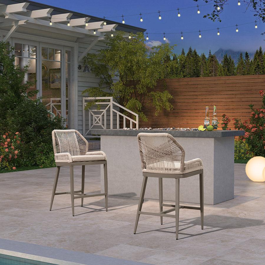PURPLE LEAF – Lot de 4 tabourets de bar extérieurs en aluminium avec dossier, rotin tressé moderne style bohème pour jardin et piscine