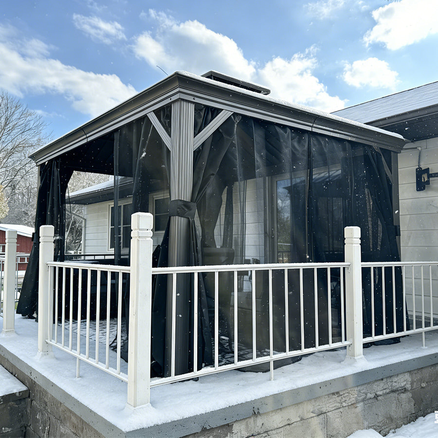 PURPLE LEAF – Pavillon de terrasse pour piscine, toit rigide gris clair en acier galvanisé avec rideaux améliorés