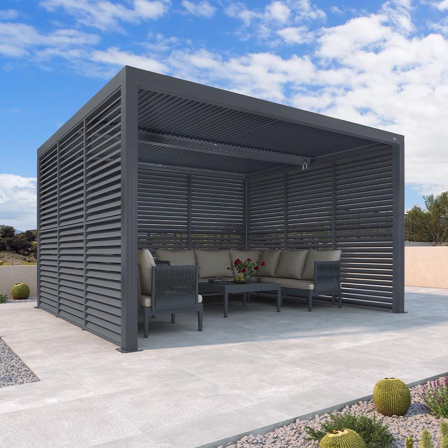 PURPLE LEAF Athena – Pergola extérieure grise en aluminium à lames orientables avec paroi à volets, réglable et étanche à la pluie