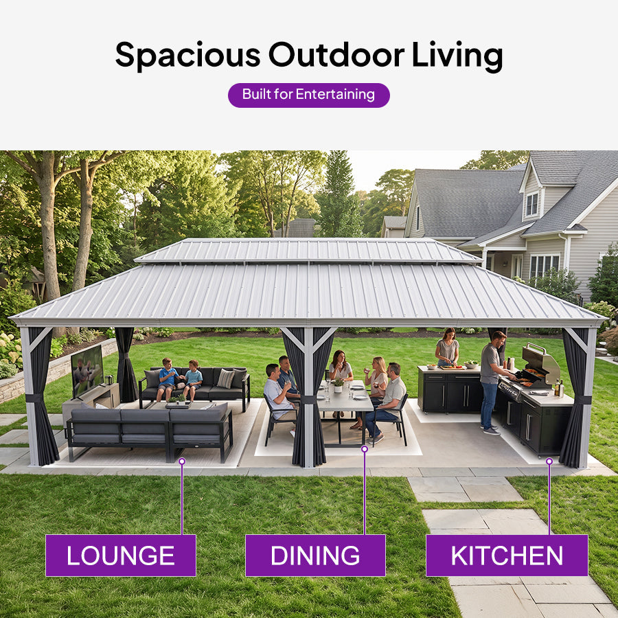 PURPLE LEAF – Pavillon de terrasse pour piscine, toit rigide gris clair en acier galvanisé avec rideaux améliorés