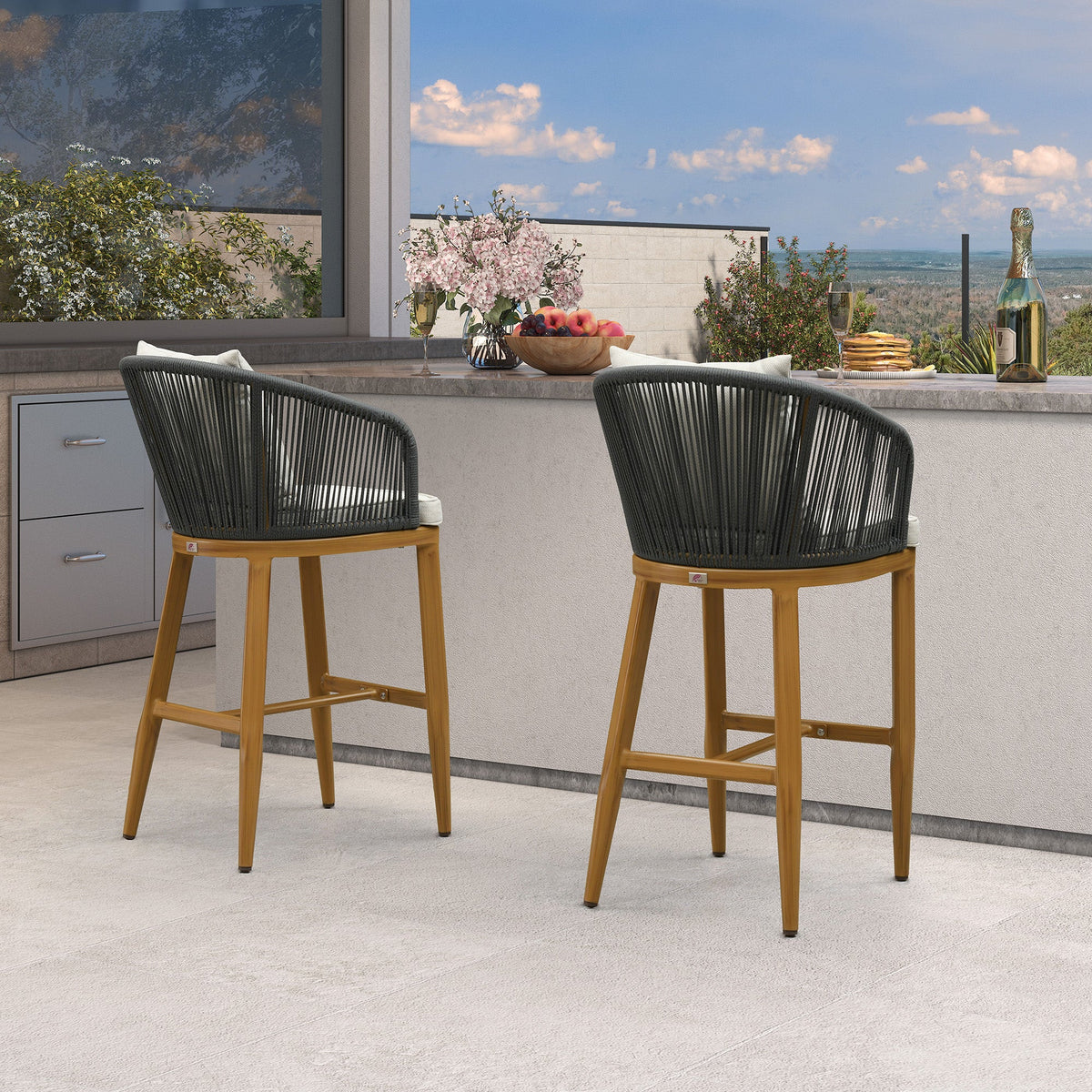 PURPLE LEAF – Tabourets de bar modernes extérieurs en aluminium et rotin avec dossier haut, accoudoirs, coussins et oreillers amovibles
