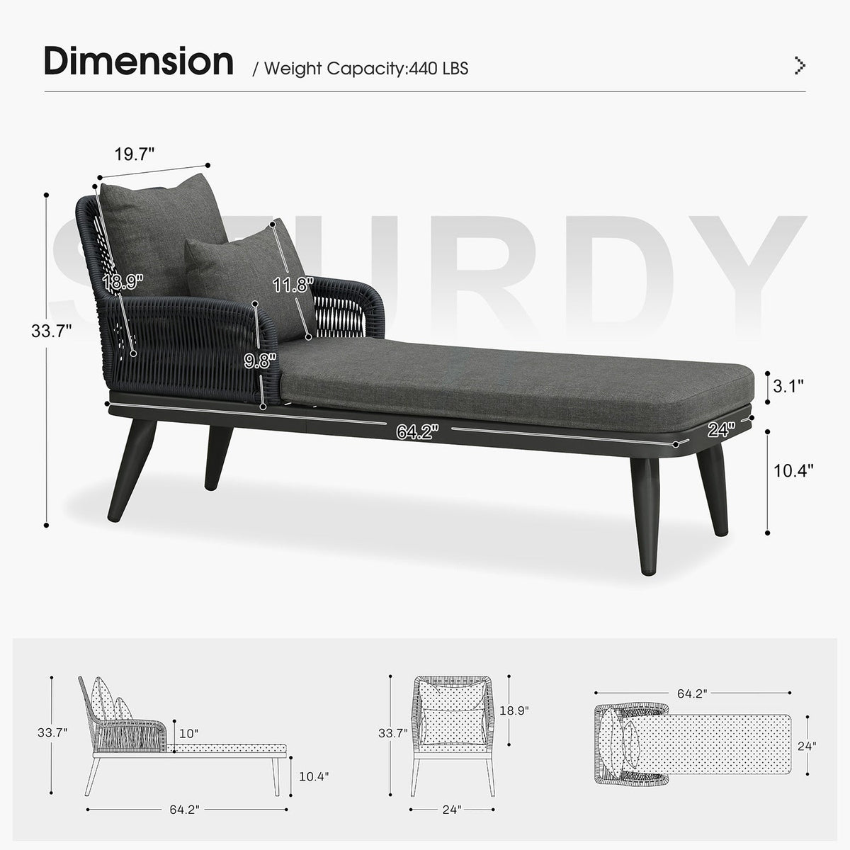 PURPLE LEAF – Chaise longue de terrasse en aluminium pour extérieur avec 2 coussins, pour terrasse, piscine, pelouse, jardin et porche