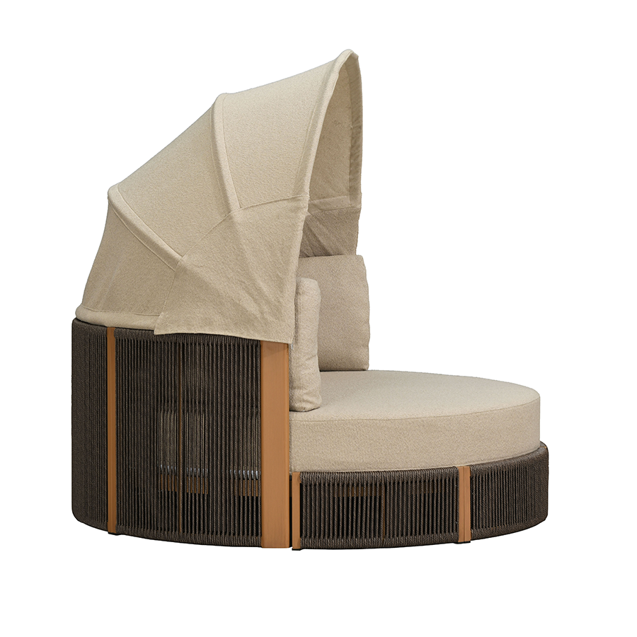 PURPLE LEAF – Lit de repos rond extérieur avec auvent réglable, tissu oléfine, coussins épais et structure en aluminium toutes saisons