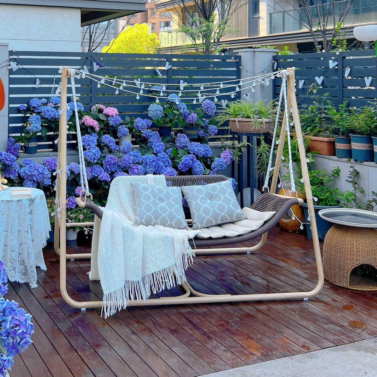 PURPLE LEAF Double Cloud – Fauteuil suspendu extérieur en rotin pour terrasse avec coussin et dossier