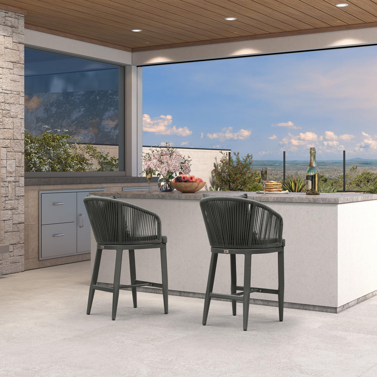 PURPLE LEAF – Tabourets de bar modernes extérieurs en aluminium et rotin avec dossier haut, accoudoirs, coussins et oreillers amovibles