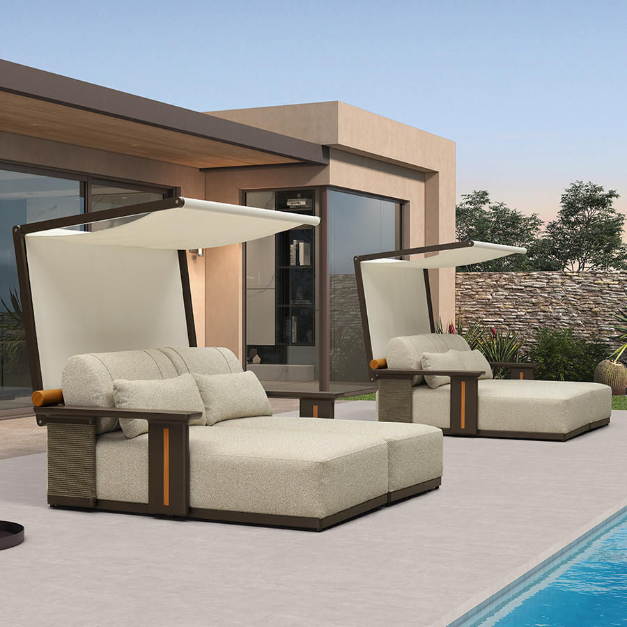 PURPLE LEAF – Chaise longue extérieure moderne en aluminium finition teck avec coussin épais et 2 oreillers pour terrasse, piscine et villa