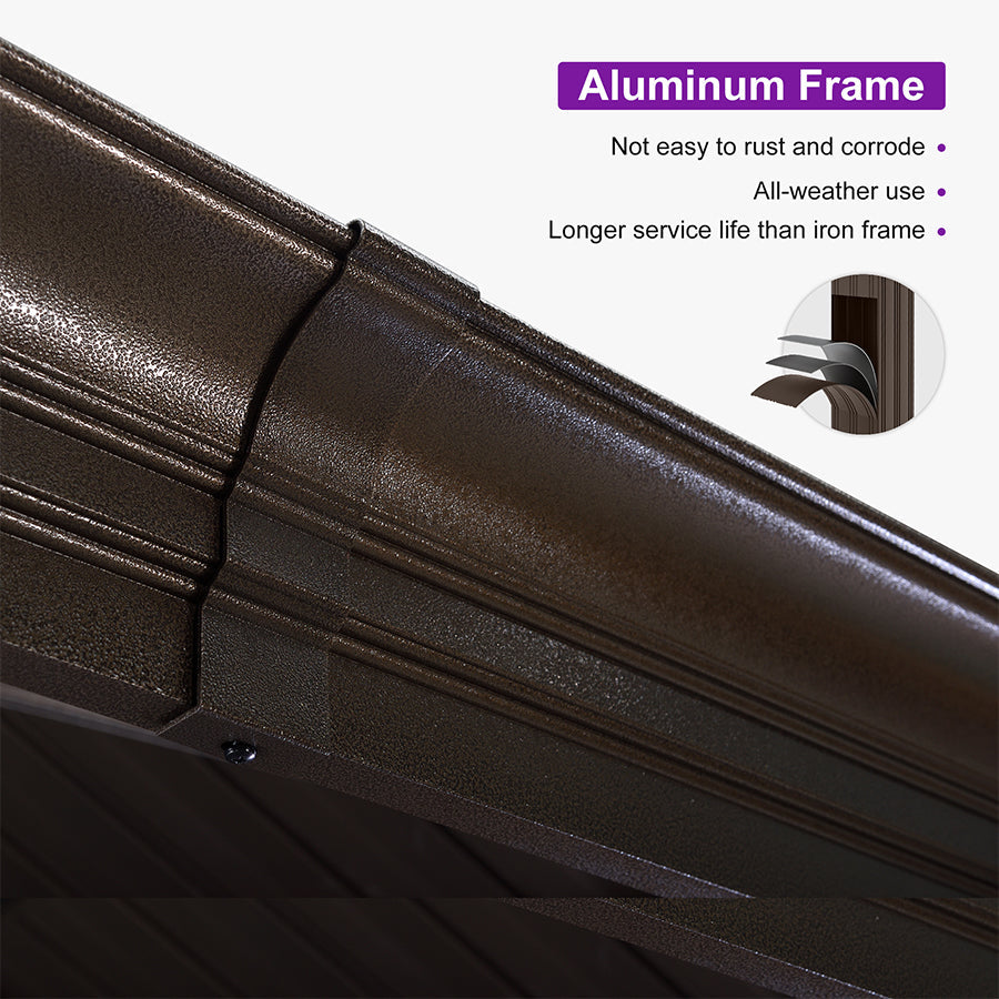 PURPLE LEAF – Pavillon extérieur à toit rigide pour terrasse, structure en aluminium bronze avec rideau bleu marine