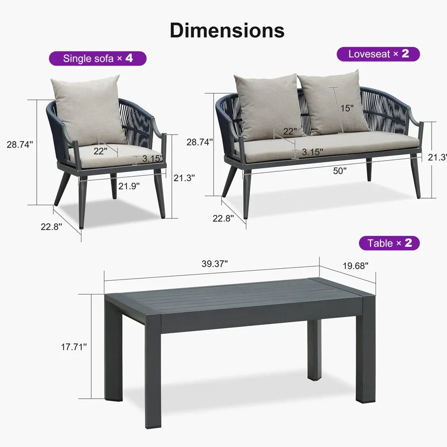 PURPLE LEAF Buler – Ensemble salon de terrasse moderne 4/8 pièces avec fauteuils en rotin, canapé et table basse pour bord de piscine