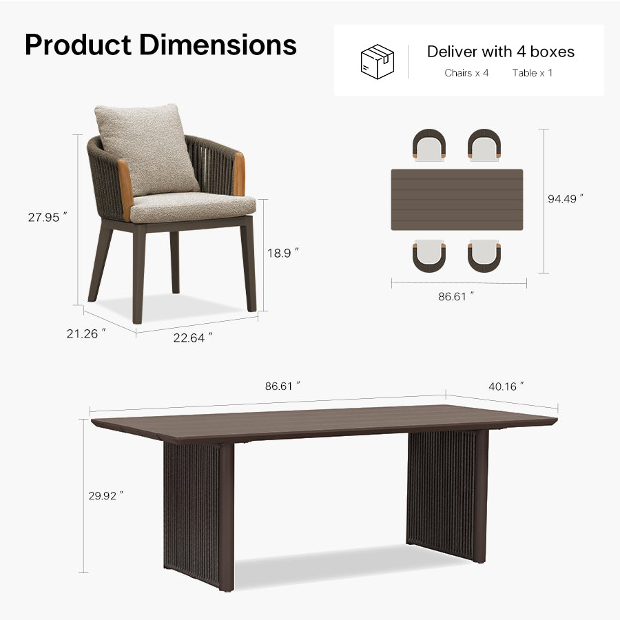 PURPLE LEAF Hailar – Ensemble repas extérieur familial avec table et chaises de terrasse en aluminium et coussins en oléfine