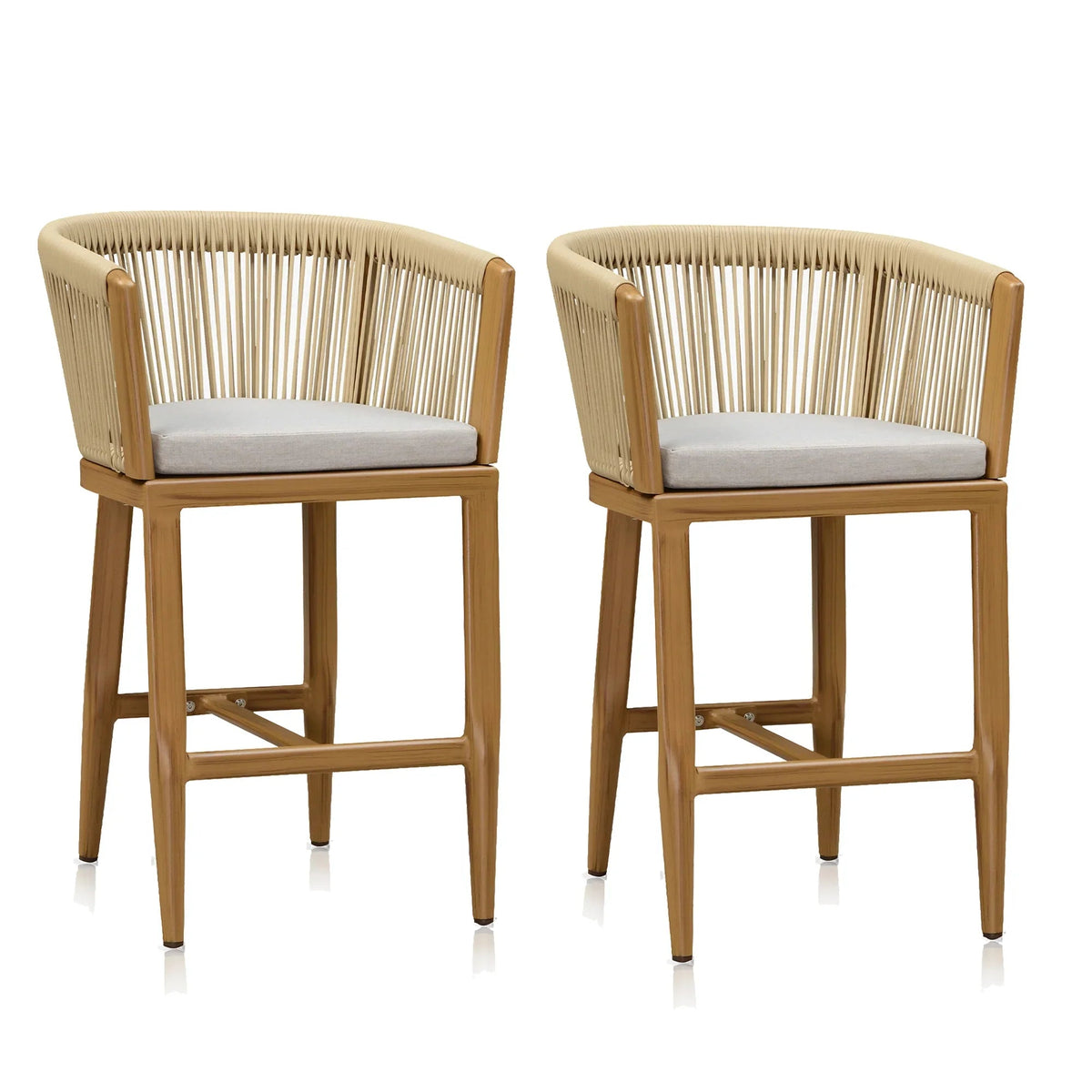PURPLE LEAF – Lot de 2 tabourets de bar en rotin avec coussins et structure en aluminium pour extérieur ou intérieur