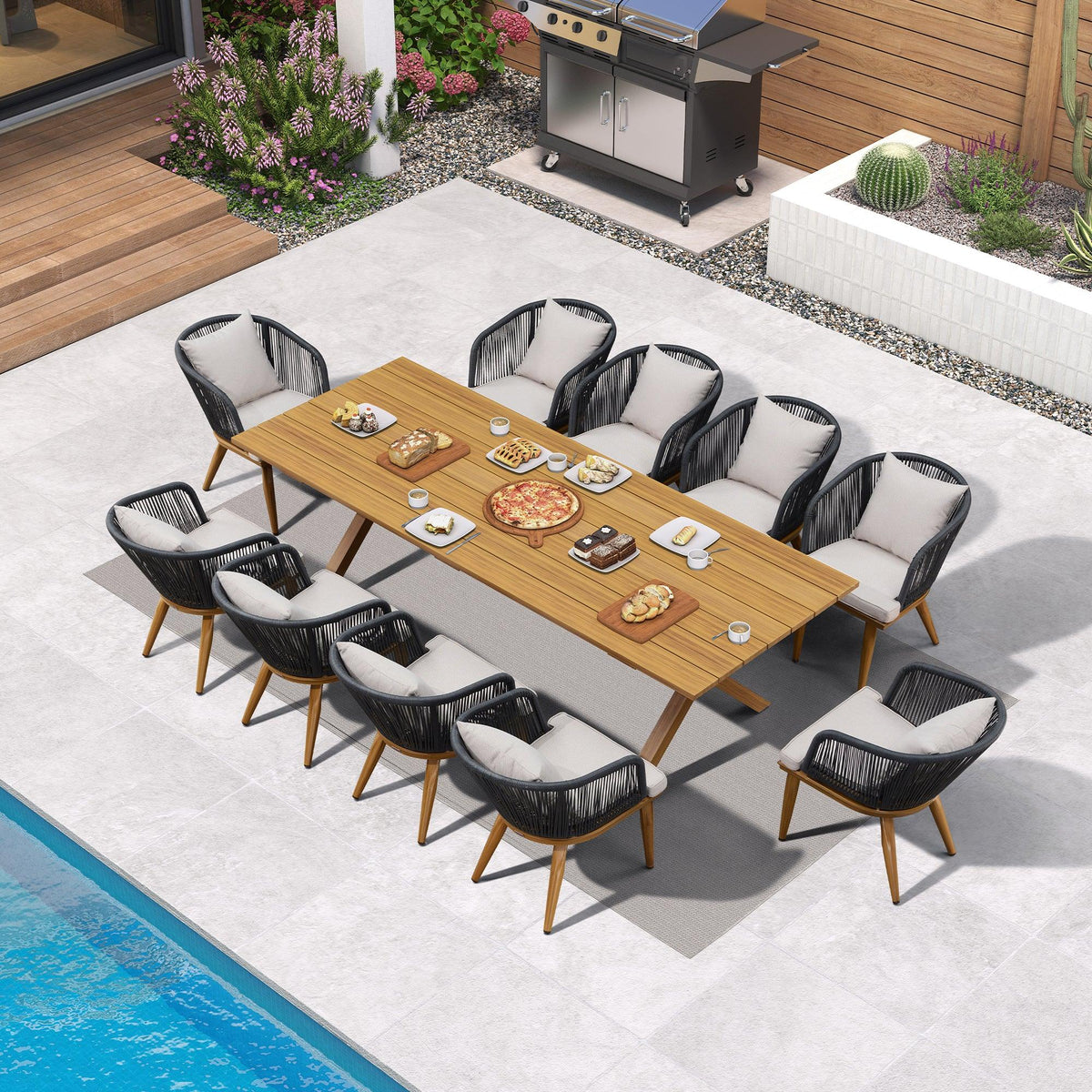 PURPLE LEAF – Ensemble repas de terrasse en teck avec coussins et oreiller, résine tressée toutes saisons pour jardin et terrasse