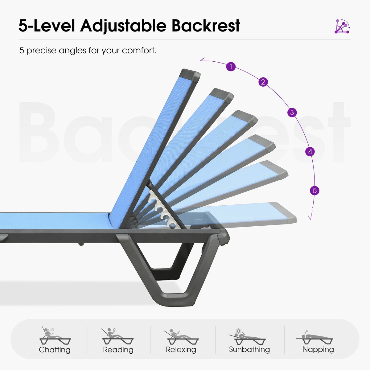 PURPLE LEAF – Chaise longue extérieure à 5 positions avec structure en aluminium et assise en Textilene, légère et durable pour terrasse et piscine