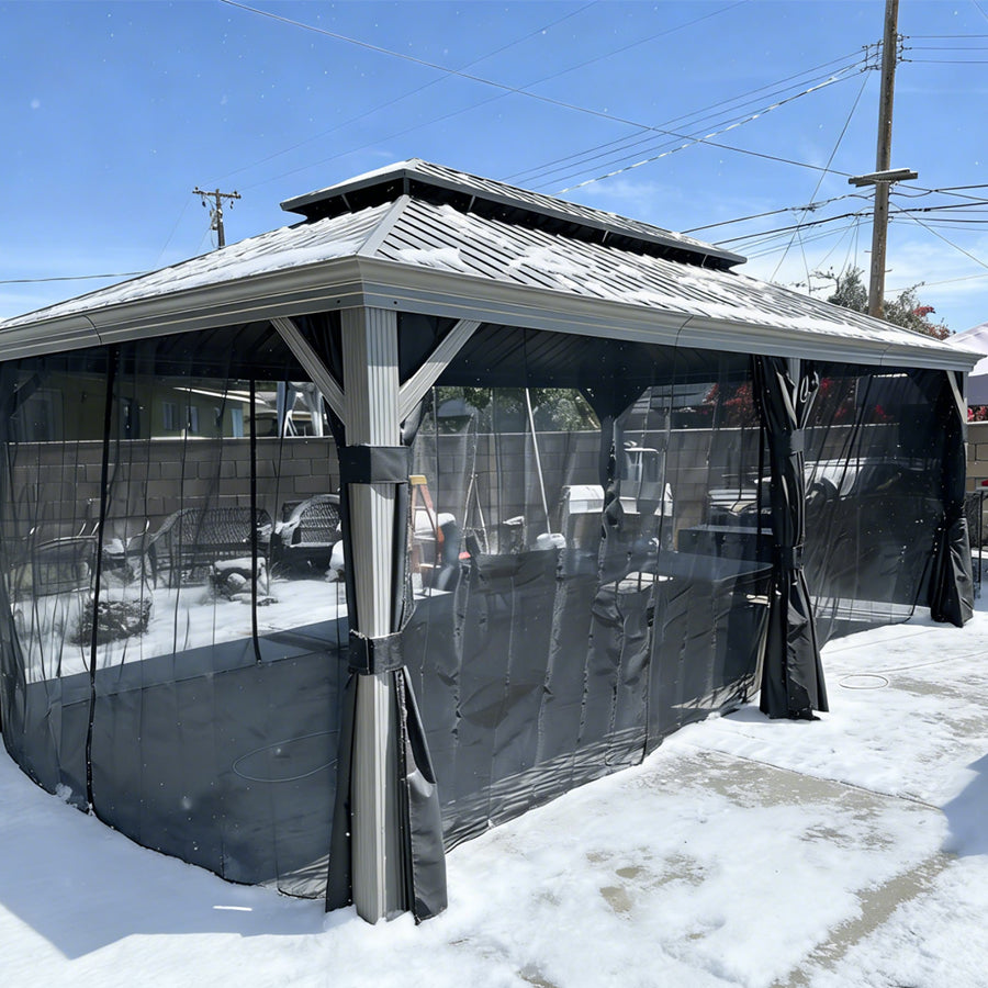 PURPLE LEAF – Pavillon de terrasse pour piscine, toit rigide gris clair en acier galvanisé avec rideaux améliorés
