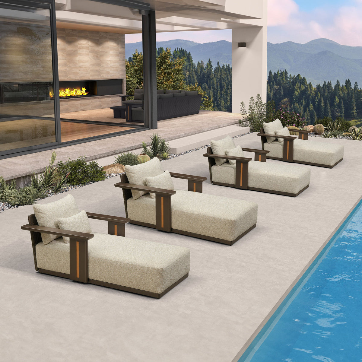 PURPLE LEAF – Chaise longue moderne rembourrée pour extérieur avec accoudoirs et coussin lombaire pour terrasse et piscine