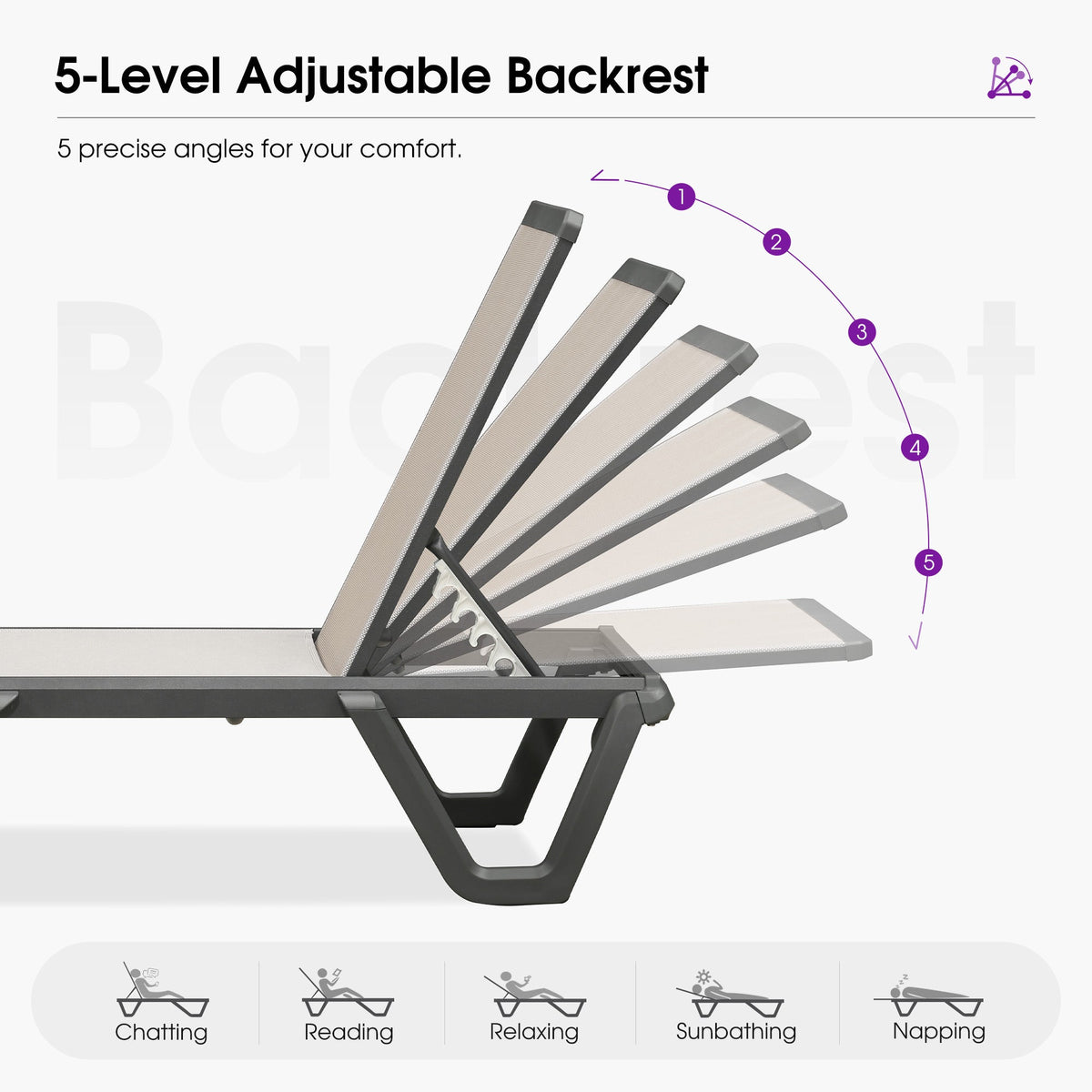 PURPLE LEAF – Chaise longue extérieure à 5 positions avec structure en aluminium et assise en Textilene, légère et durable pour terrasse et piscine