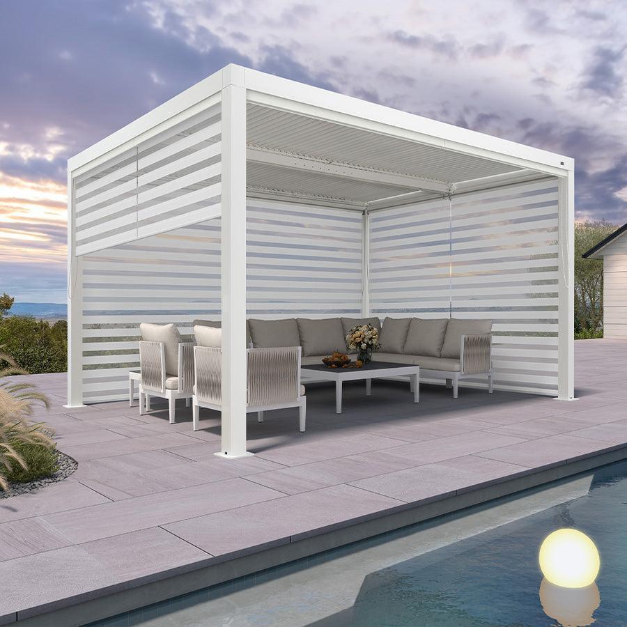 PURPLE LEAF Athena – Pergola extérieure blanche en aluminium à lames orientables avec store enrouleur et toit réglable