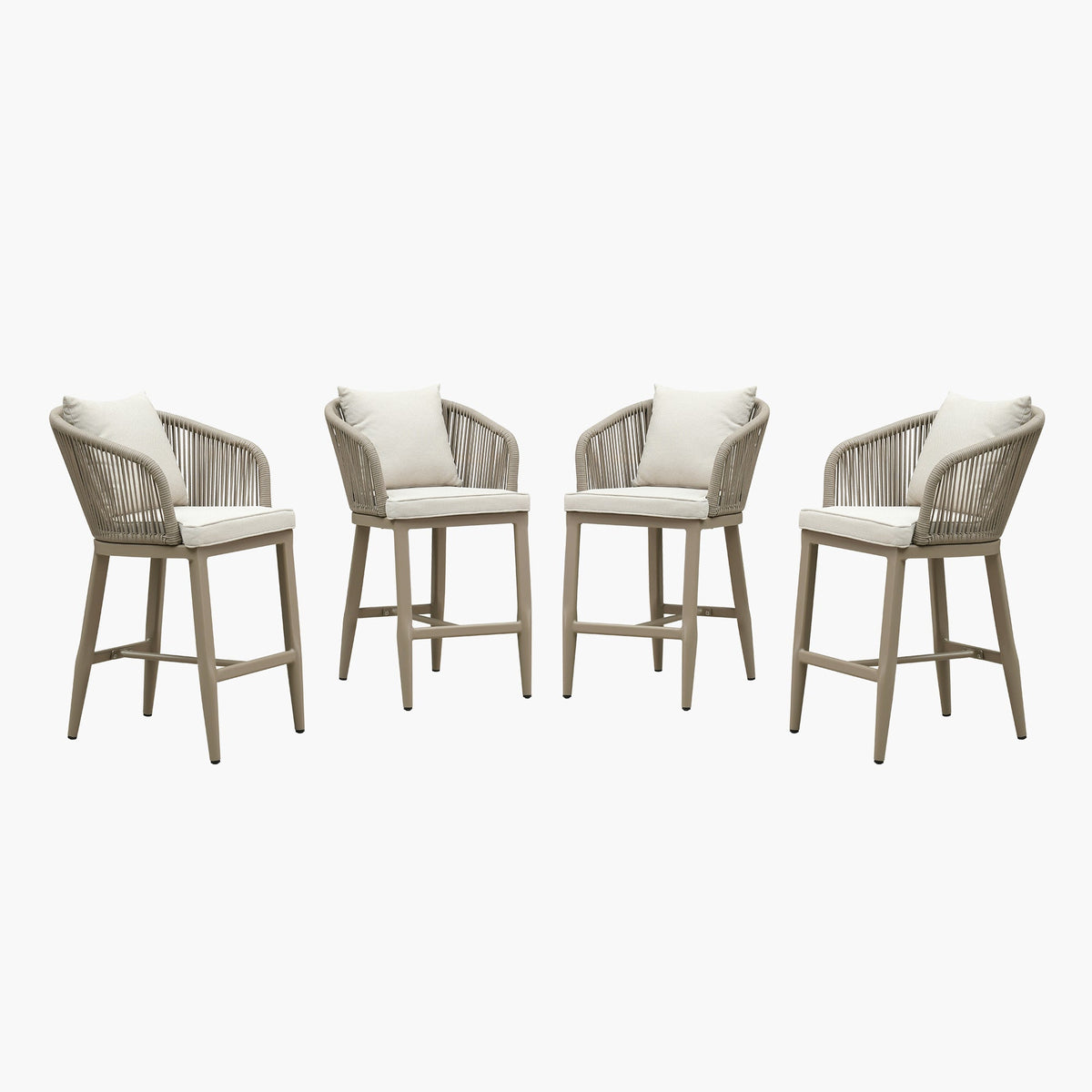 PURPLE LEAF – Tabourets de bar modernes extérieurs en aluminium et rotin avec dossier haut, accoudoirs, coussins et oreillers amovibles