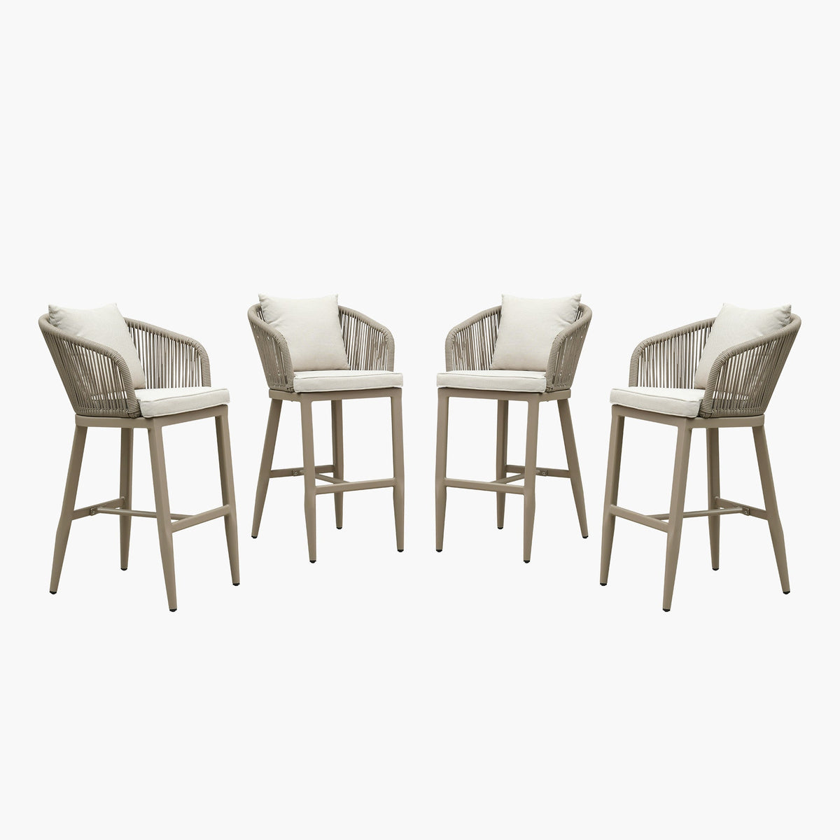PURPLE LEAF – Tabourets de bar modernes extérieurs en aluminium et rotin avec dossier haut, accoudoirs, coussins et oreillers amovibles