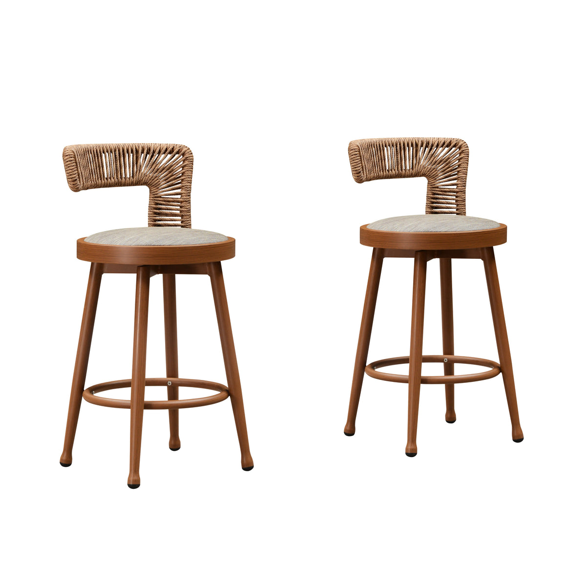 PURPLE LEAF – Lot de 2 tabourets de bar pivotants extérieurs modernes en métal, rotin et aluminium avec dossier et coussins