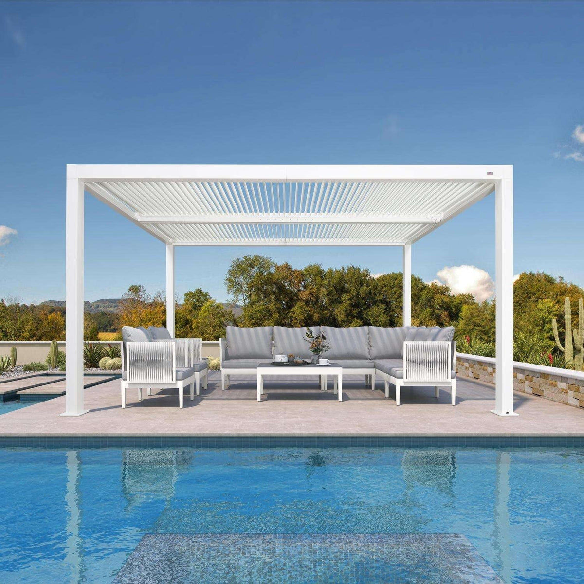 Hanso Home – Pergola moderne blanche à lames orientables avec toit réglable pour terrasse, arrière-cour et jardin