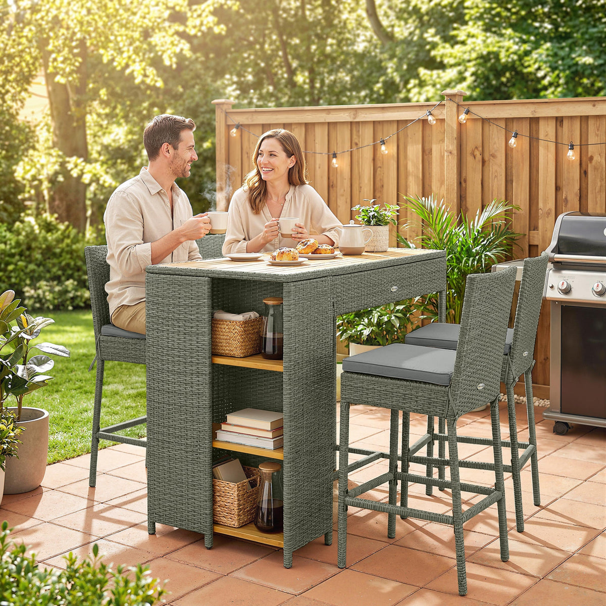 Ensemble bar extérieur 5 pièces avec table de rangement et coussins, gris