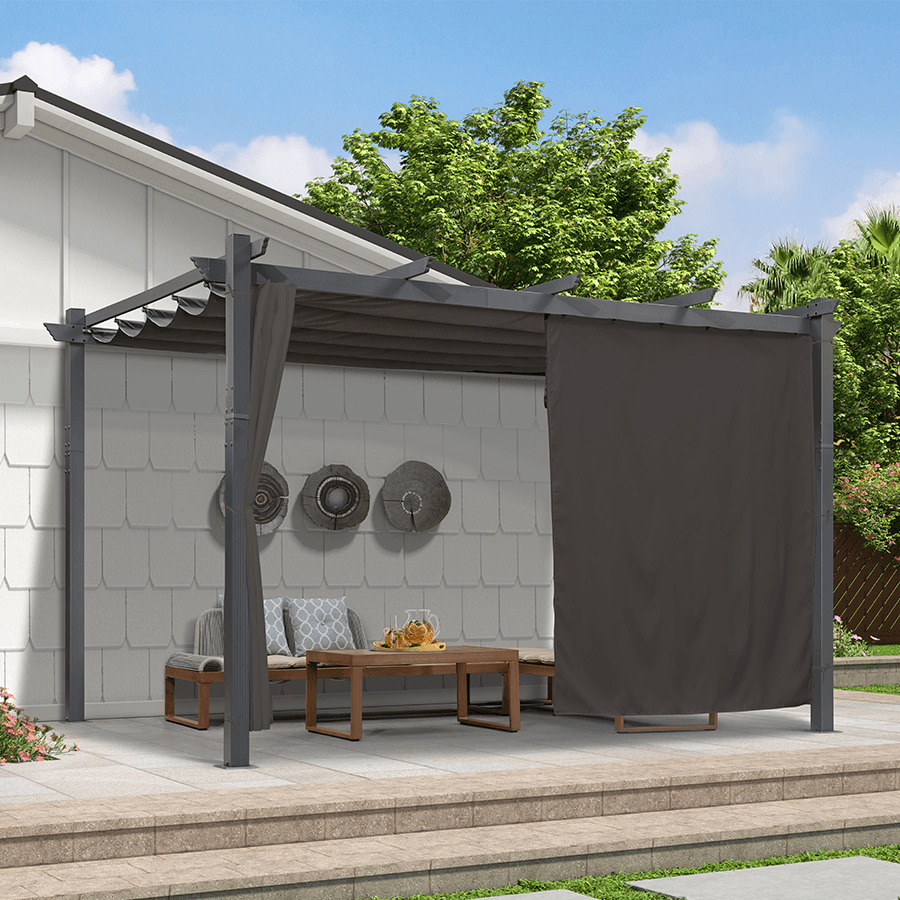PURPLE LEAF – Pergola extérieure en aluminium avec auvent rétractable et rideaux pour plage, porche et jardin