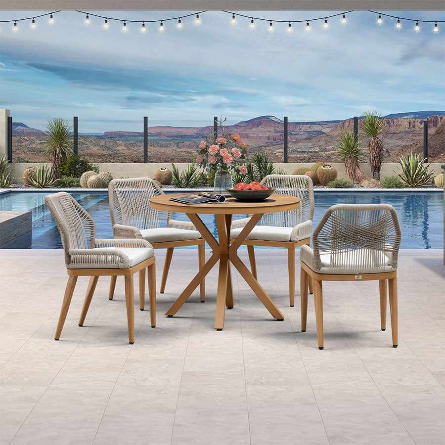 PURPLE LEAF – Ensemble repas extérieur rond en aluminium avec table ronde, chaises en résine tressée et coussins Sunbrella