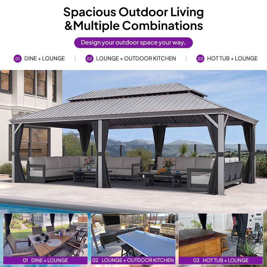 PURPLE LEAF – Pavillon de terrasse pour piscine, toit rigide gris clair en acier galvanisé avec rideaux améliorés
