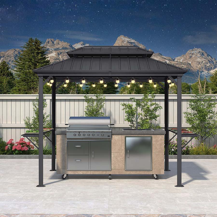 PURPLE LEAF – Pavillon à toit rigide pour barbecue, toit métallique permanent gris, auvent d’ombrage et guirlande lumineuse