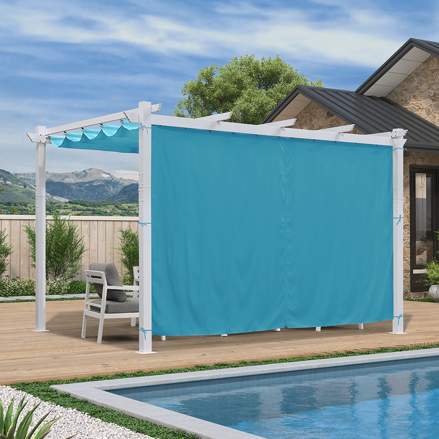 PURPLE LEAF – Pergola extérieure rétractable blanche en métal avec toile d’ombrage et rideaux pour terrasse et jardin