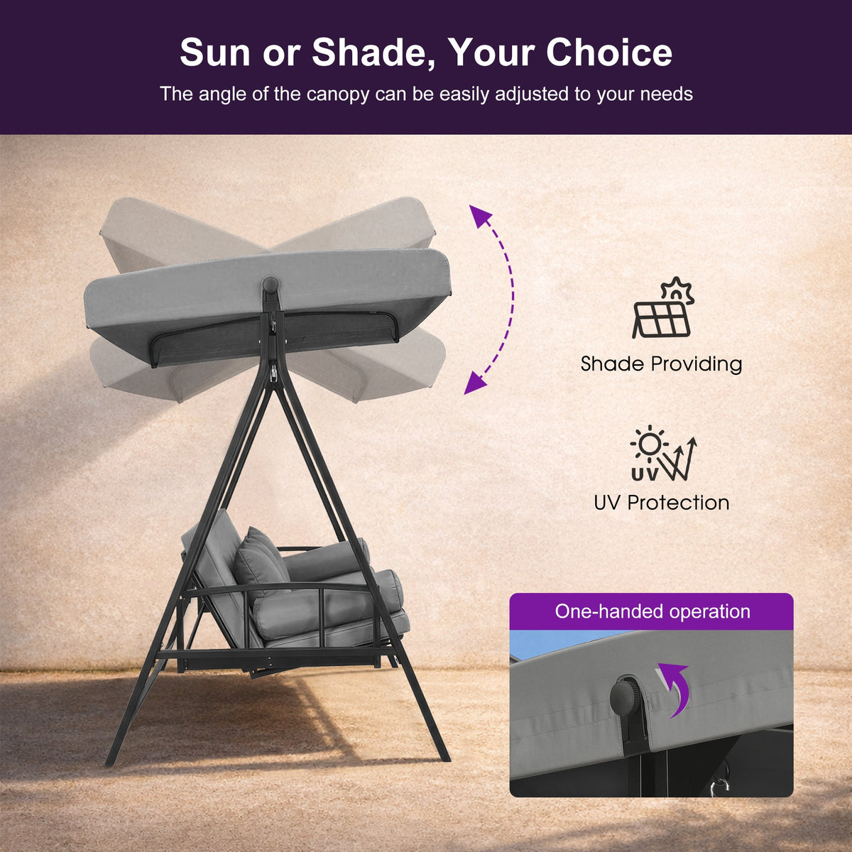 PURPLE LEAF – Balancelle de porche avec auvent inclinable réglable, support et structure en acier, toutes saisons et compacte