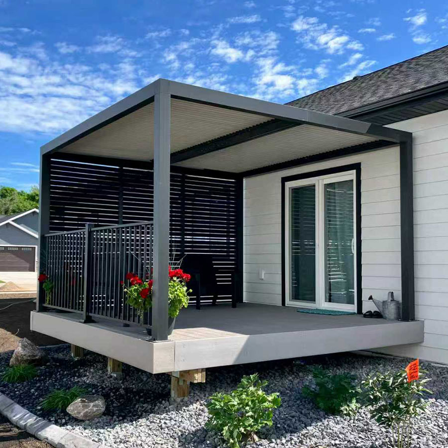 PURPLE LEAF Athena – Pergola extérieure grise en aluminium à lames orientables avec paroi à volets, réglable et étanche à la pluie