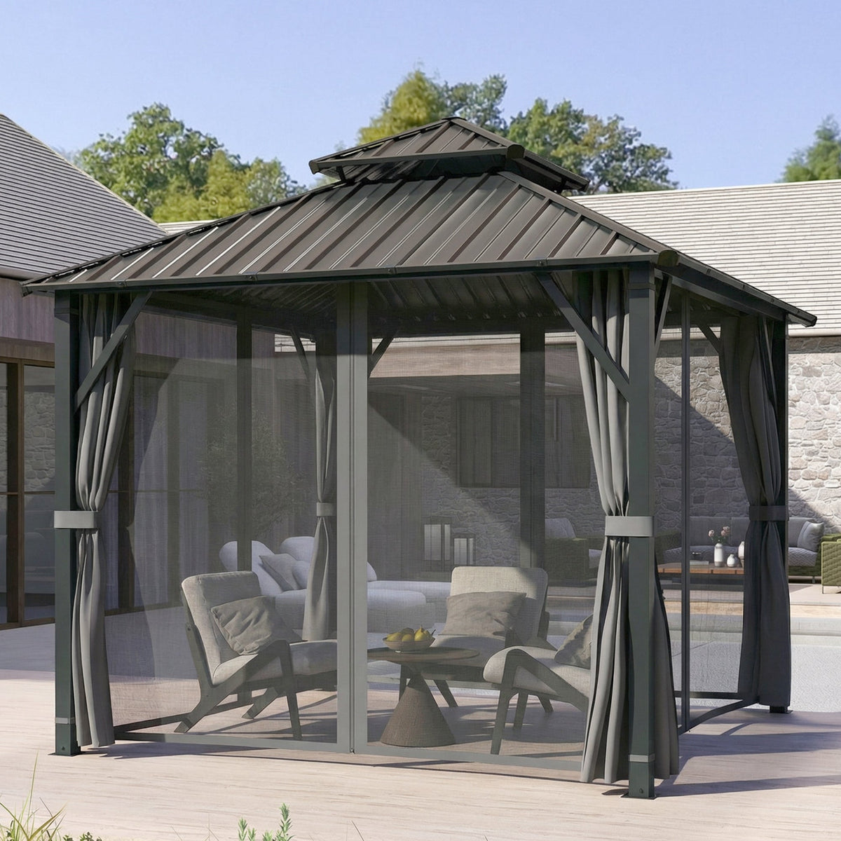 Pavillon à toit rigide 3 x 3 m avec double toit métallique, moustiquaires et rideaux, gris