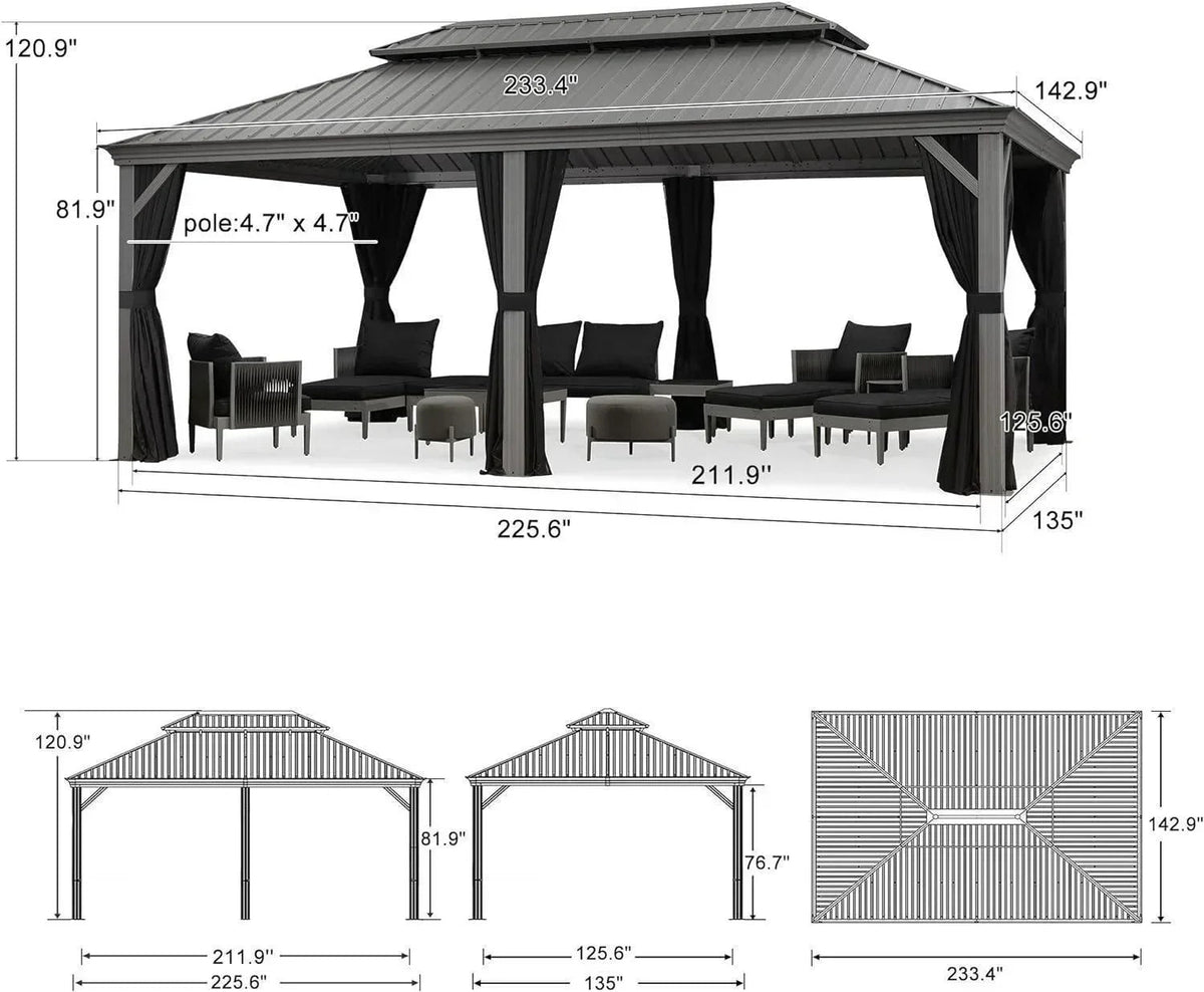 PURPLE LEAF – Pavillon de terrasse pour piscine, toit rigide gris clair en acier galvanisé avec rideaux améliorés
