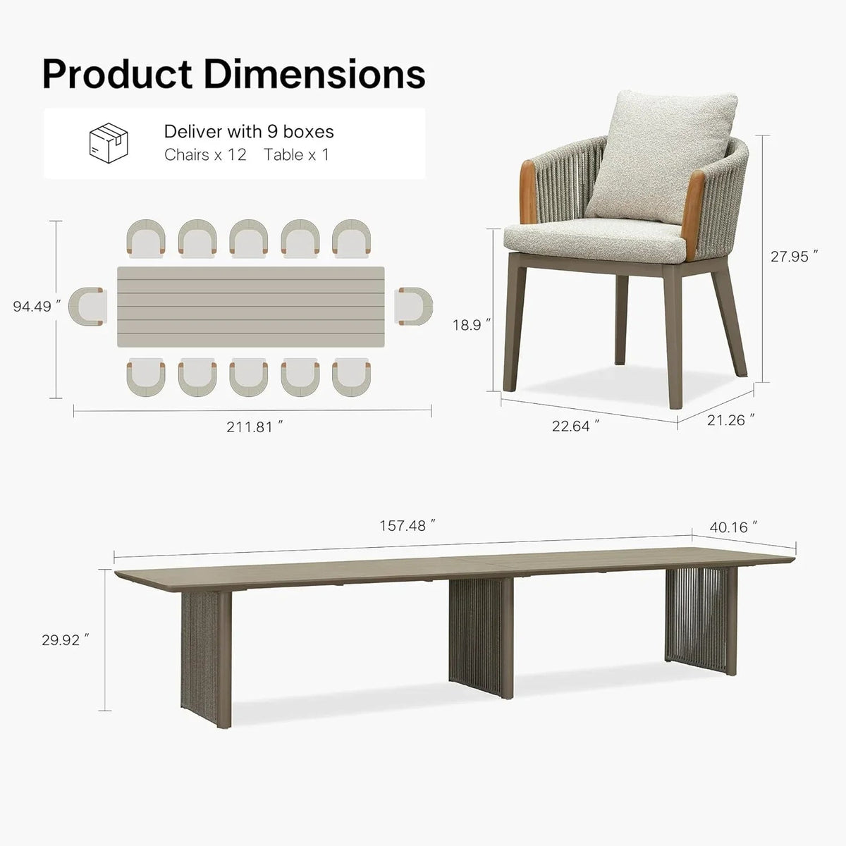 PURPLE LEAF Hailar – Ensemble repas extérieur familial avec table et chaises de terrasse en aluminium et coussins en oléfine