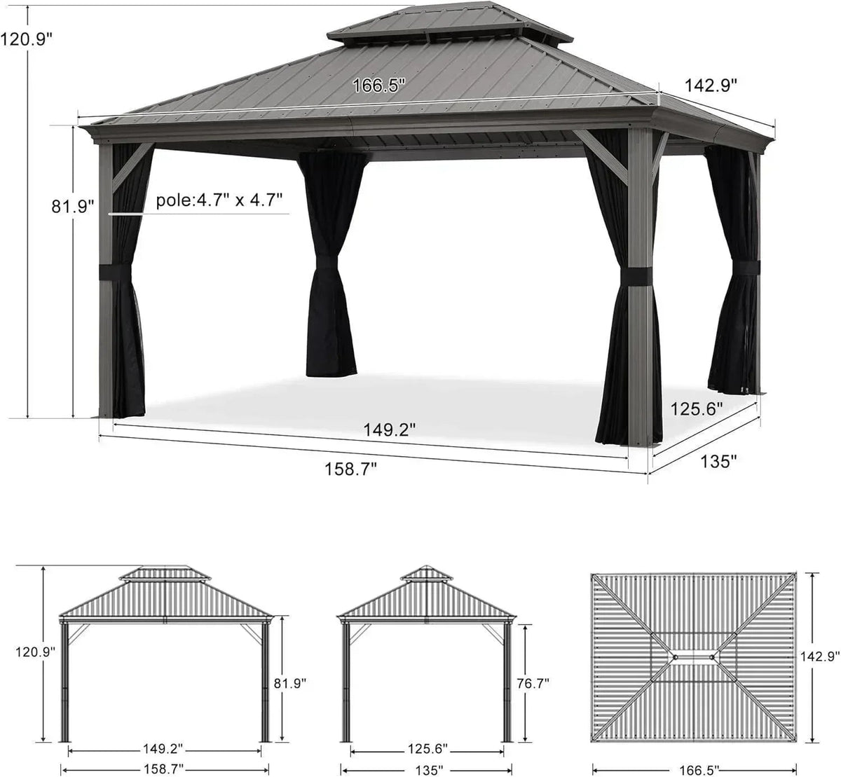 PURPLE LEAF – Pavillon de terrasse pour piscine, toit rigide gris clair en acier galvanisé avec rideaux améliorés