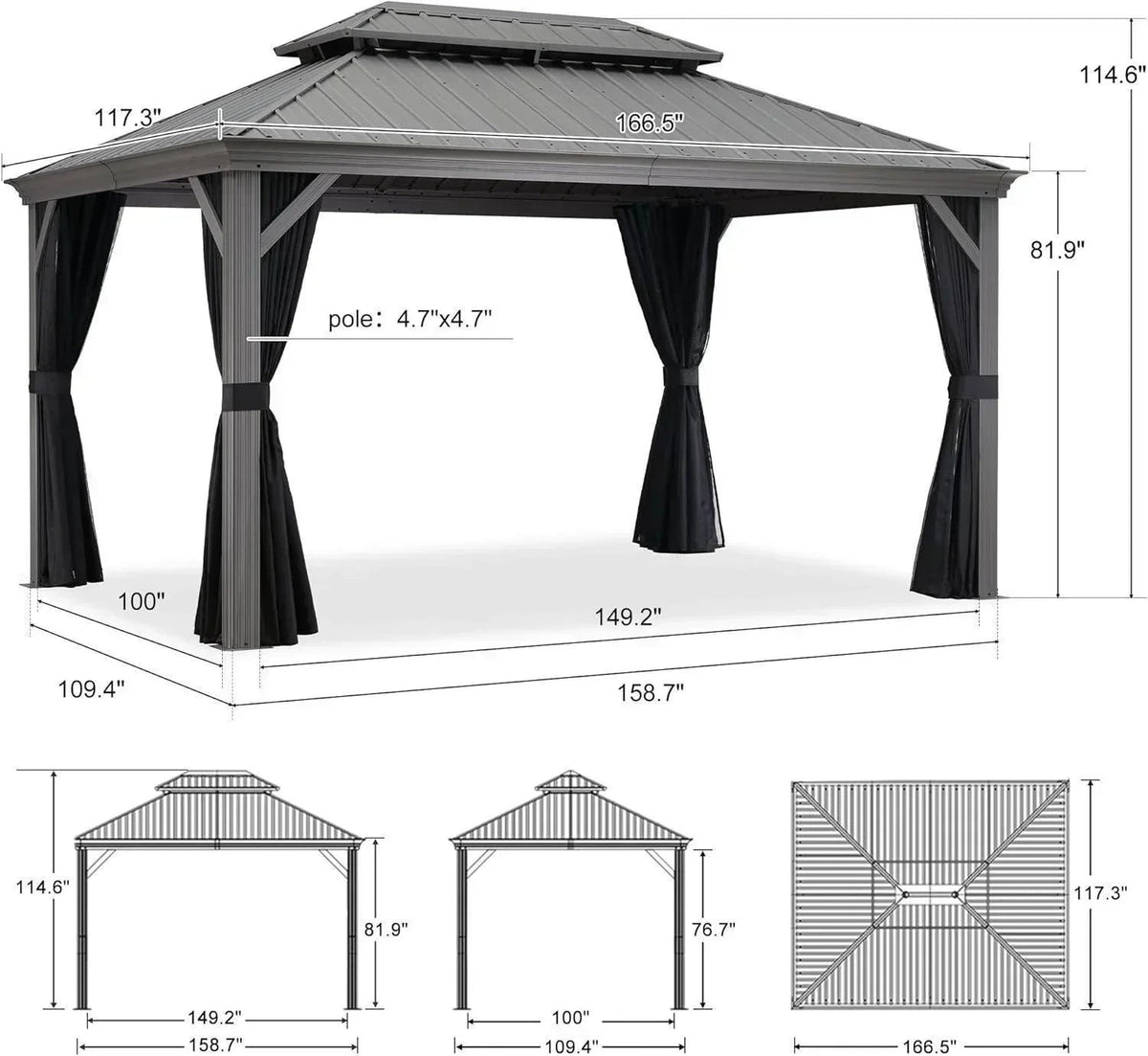 PURPLE LEAF – Pavillon de terrasse pour piscine, toit rigide gris clair en acier galvanisé avec rideaux améliorés