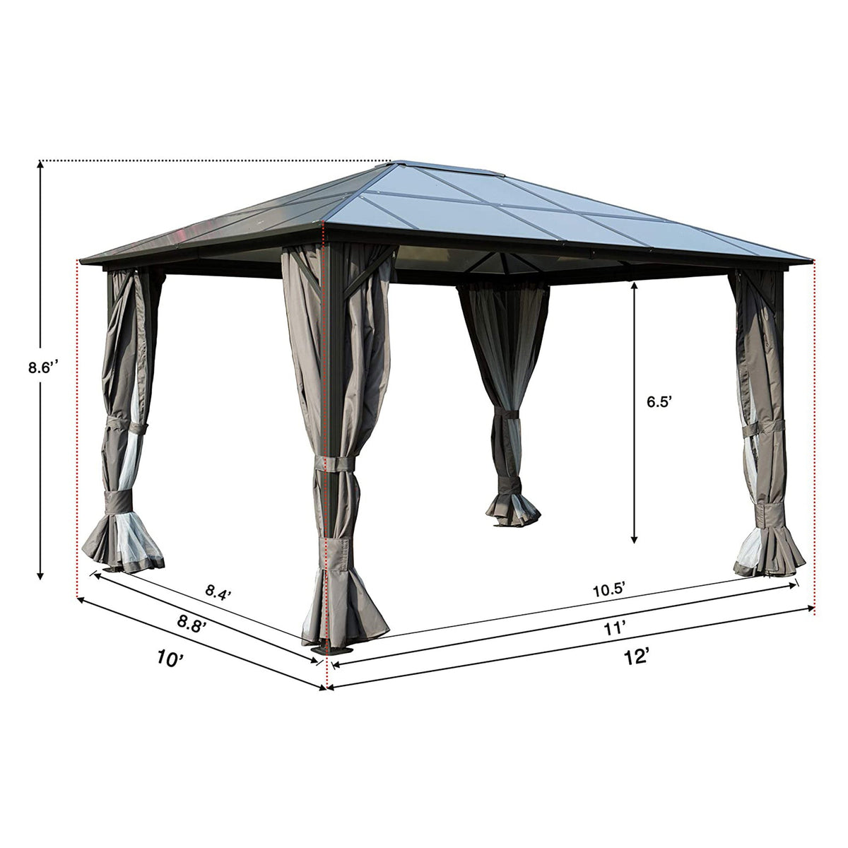 Kozyard 10ftx12ft' – Pavillon permanent en aluminium avec toit en polycarbonate, moustiquaire et rideau d’intimité