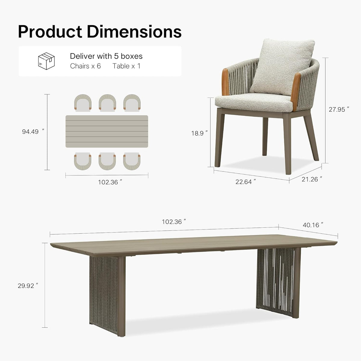 PURPLE LEAF Hailar – Ensemble repas extérieur familial avec table et chaises de terrasse en aluminium et coussins en oléfine