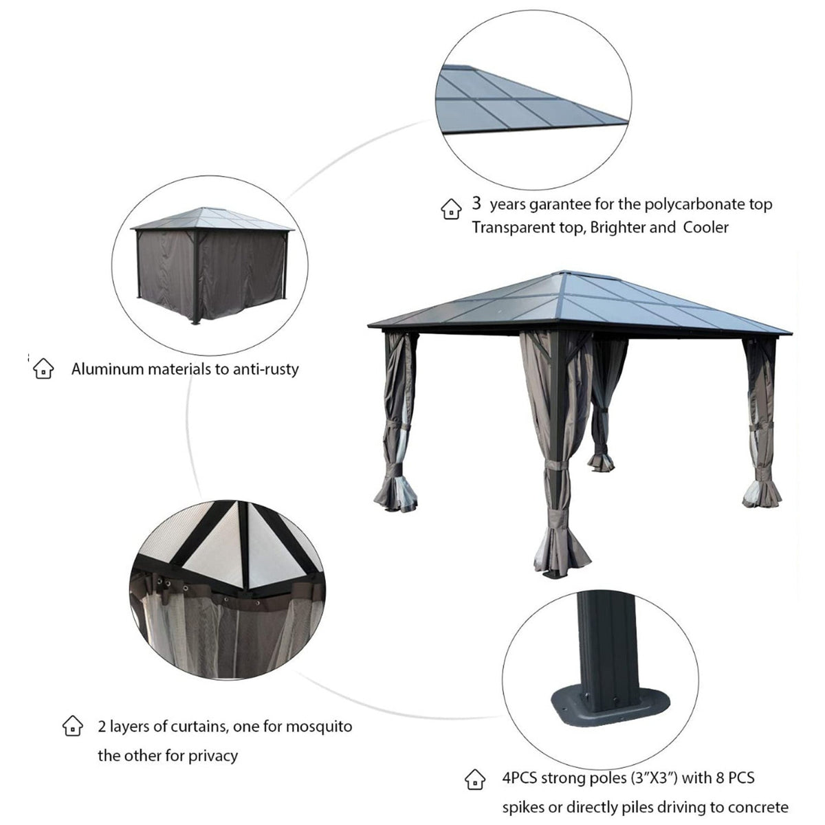 Kozyard 10ftx12ft' – Pavillon permanent en aluminium avec toit en polycarbonate, moustiquaire et rideau d’intimité