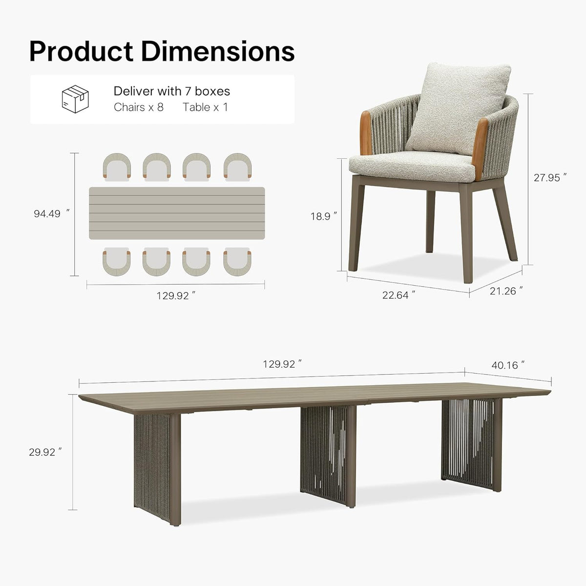 PURPLE LEAF Hailar – Ensemble repas extérieur familial avec table et chaises de terrasse en aluminium et coussins en oléfine