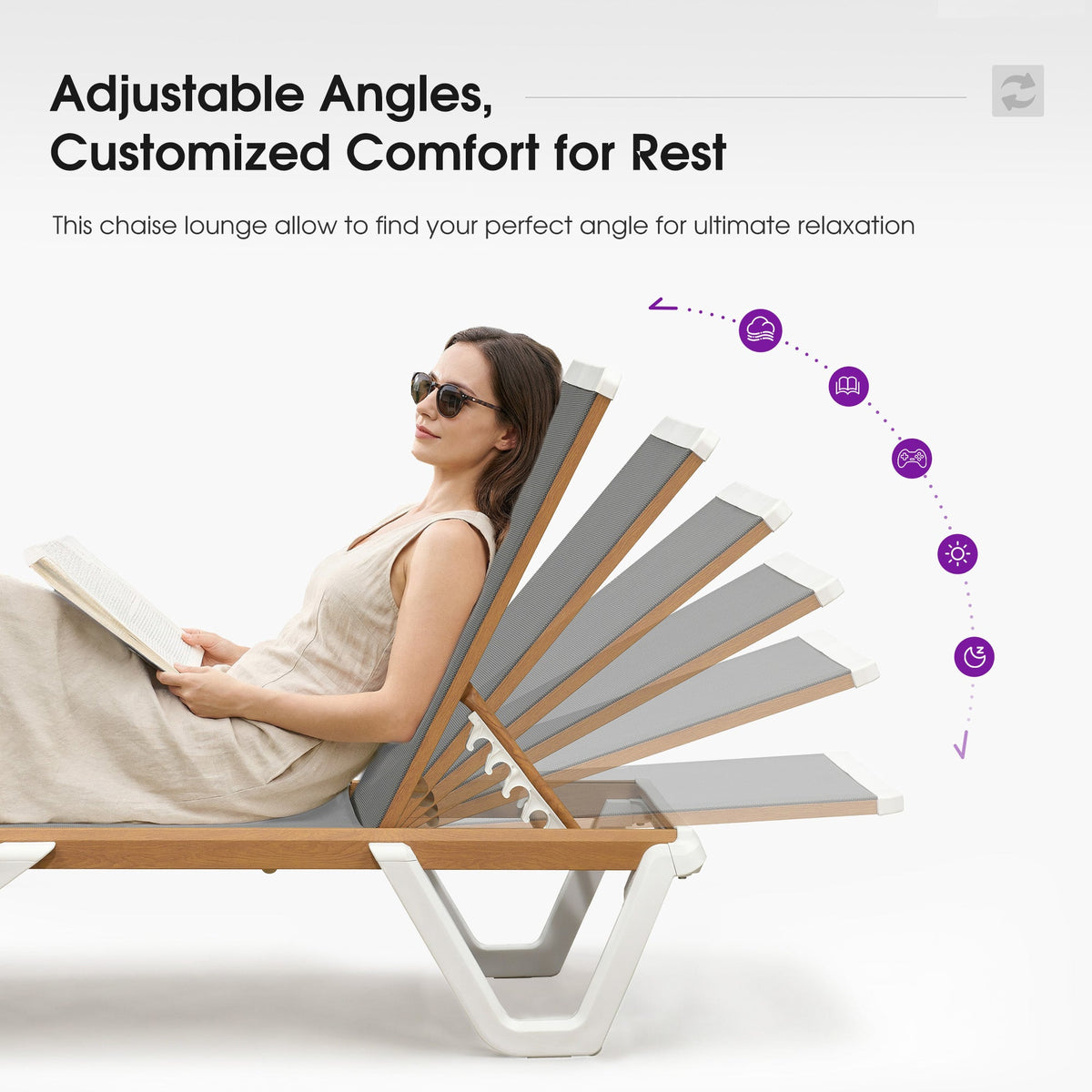 PURPLE LEAF – Ensemble chaises longues blanches de terrasse, réglables sur cinq positions, en plastique empilable pour piscine et plage