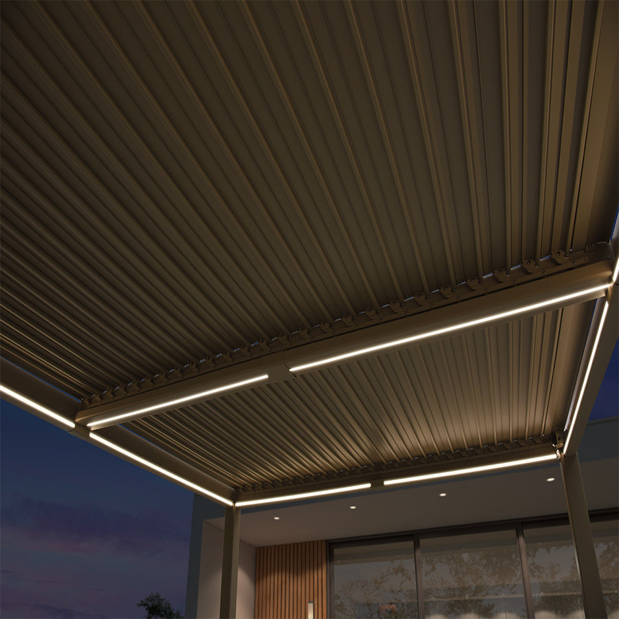 PURPLE LEAF Caesar – Pergola solaire extérieure en aluminium à lames orientables avec rubans LED, panneau de commande et toit réglable, Champagne