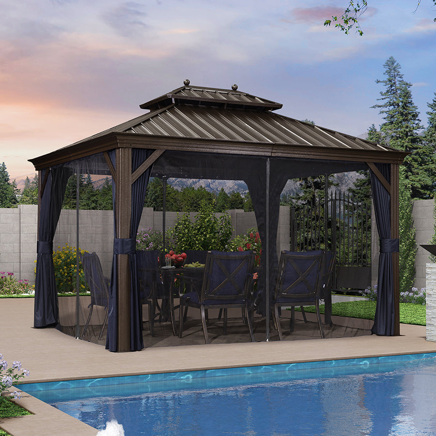 PURPLE LEAF – Pavillon extérieur à toit rigide pour terrasse, structure en aluminium bronze avec rideau bleu marine