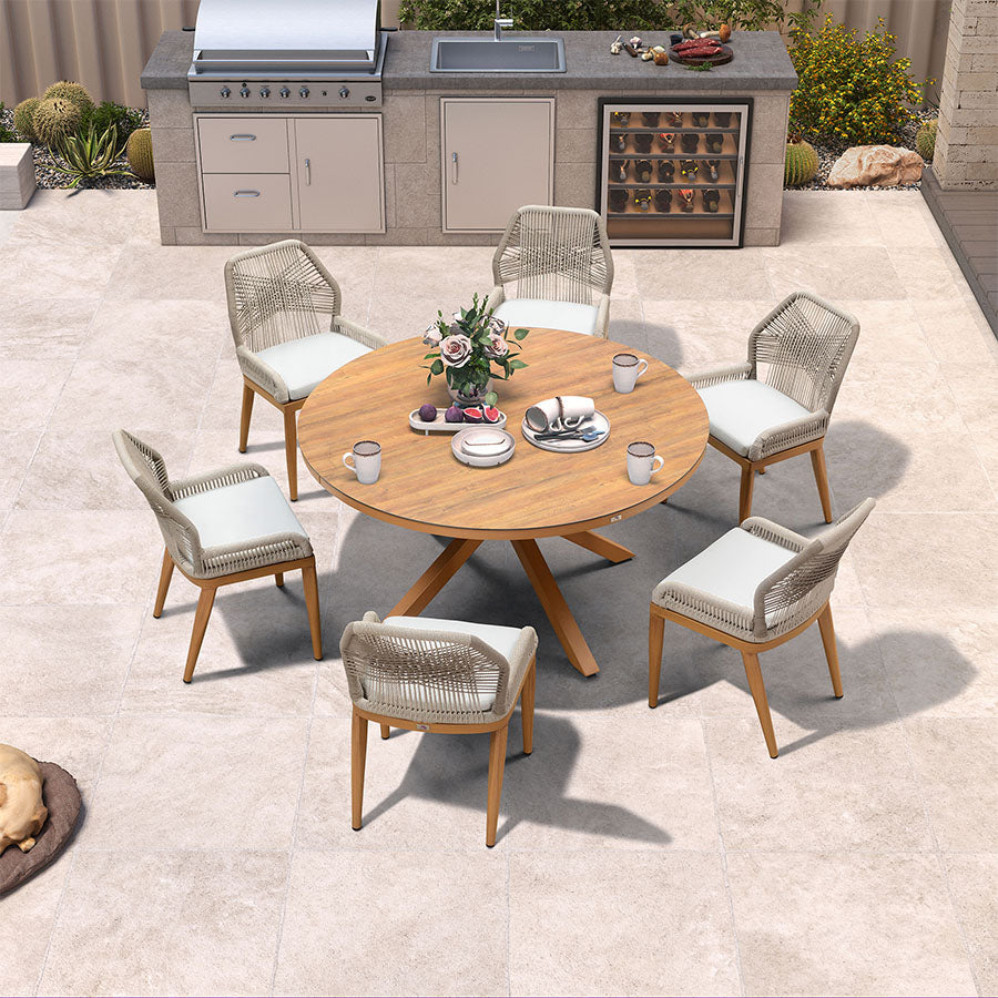 PURPLE LEAF – Ensemble repas extérieur rond en aluminium avec table ronde, chaises en résine tressée et coussins Sunbrella
