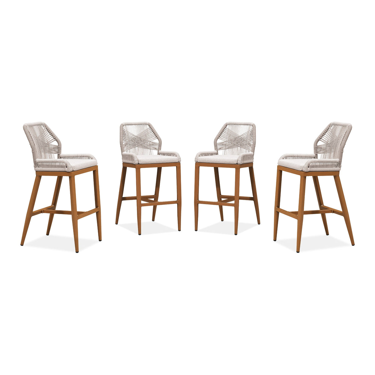 PURPLE LEAF – Lot de 4 tabourets de bar extérieurs en aluminium avec dossier, rotin tressé moderne style bohème pour jardin et piscine