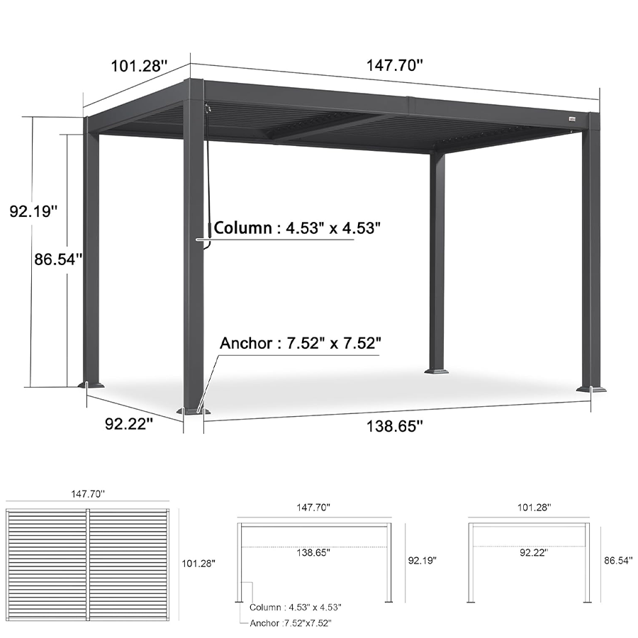 PURPLE LEAF Caesar – Pergola extérieure à lames orientables avec toit rigide réglable, gris