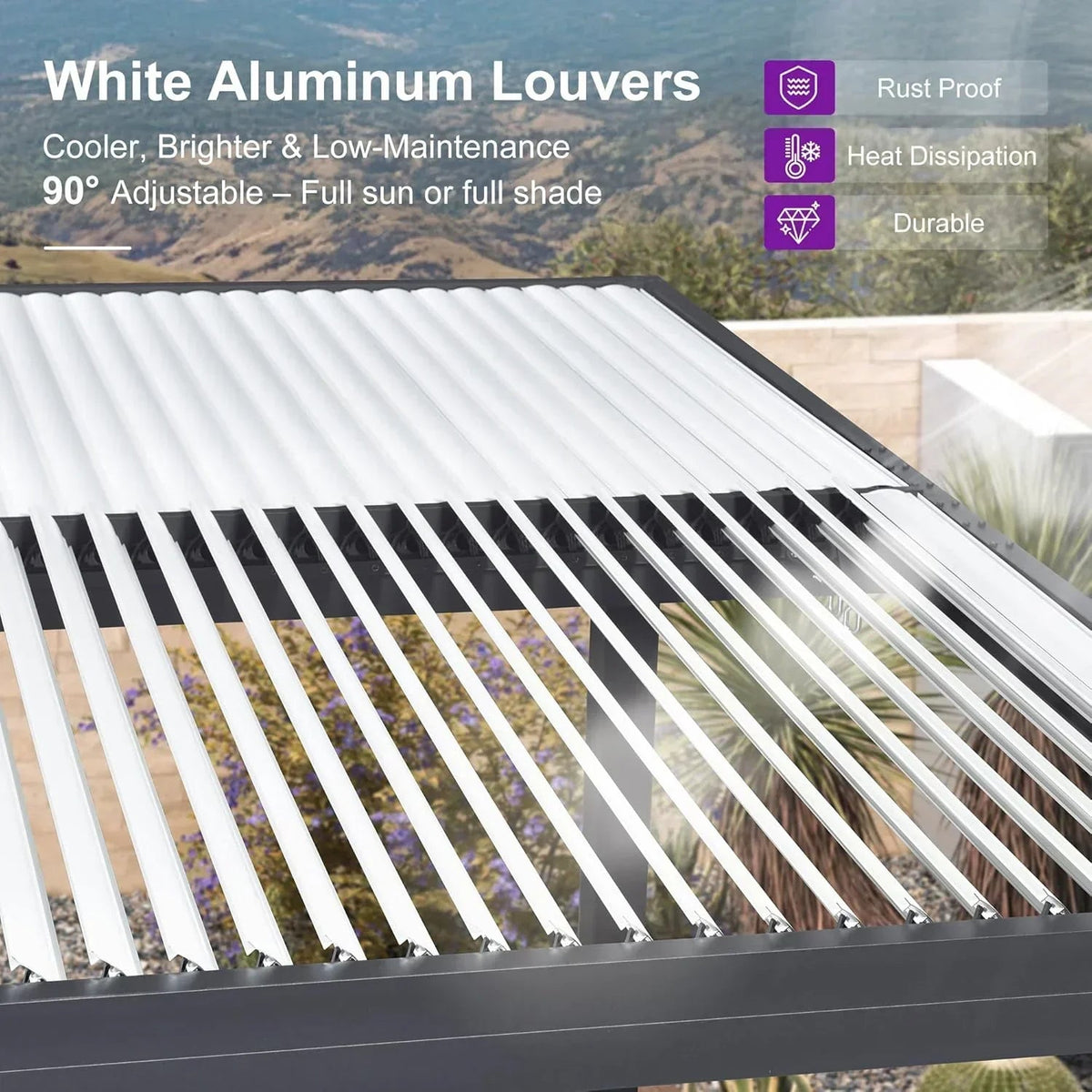 PURPLE LEAF Athena – Pergola extérieure grise en aluminium à lames orientables avec paroi à volets, réglable et étanche à la pluie